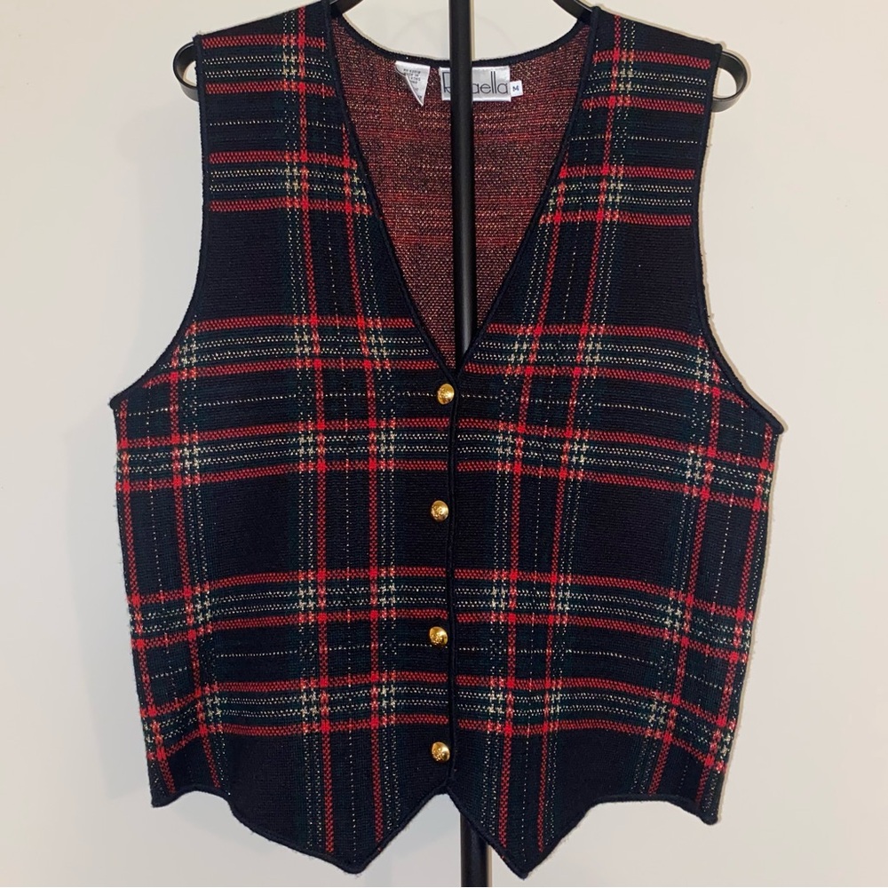 Vintage Merino Wool Plaid Sweater Vest Women's Medium Christmas Holiday Rafaella